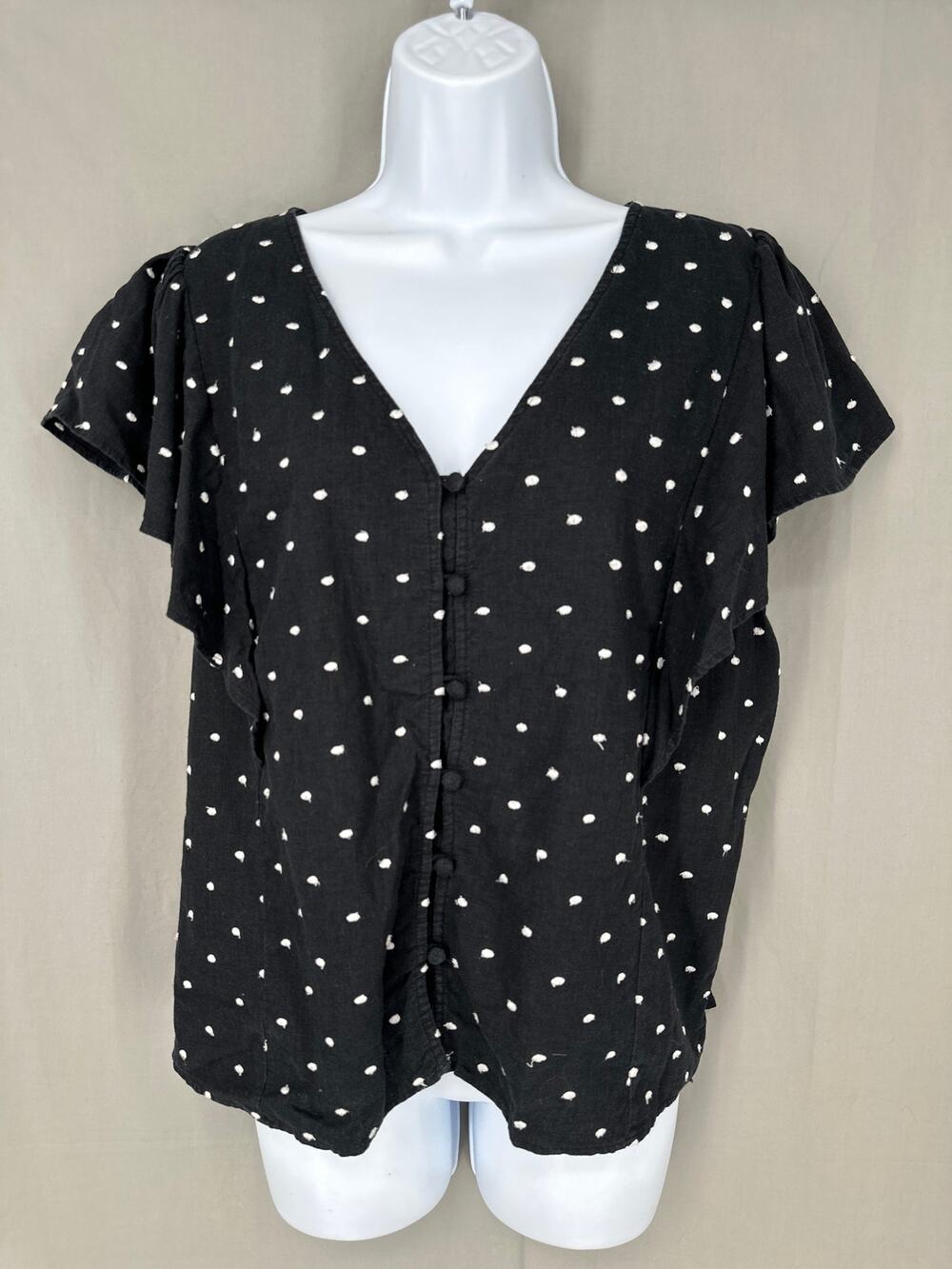 Loft Top Womens XL Black Polka Dot Ruffle Button Capsule Linen Cottagecore